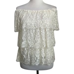 Miguelina Womens Tiered Lace Off The Shoulder Blouse Sz Medium Ivory